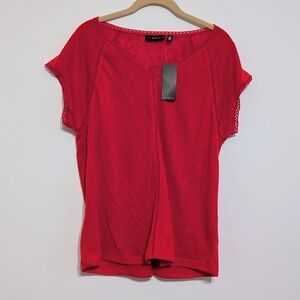 NEW Rafaella Red Women's Short Sleeve Lace Trim Top